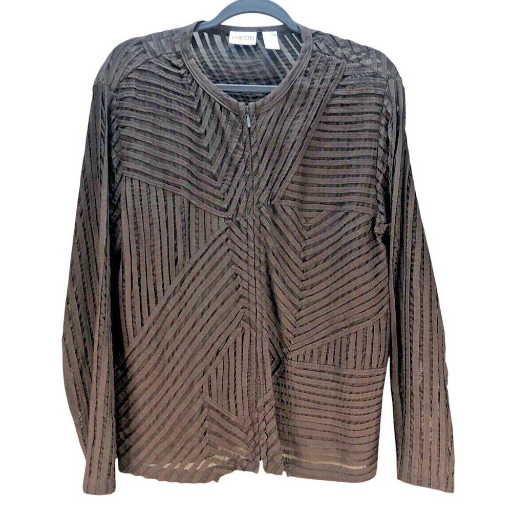 Chico's Brown Sheer Geometric Mesh Zip Up Jacket Women Size 2